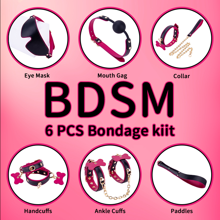 6-teiliges lila und schwarzes BDSM-Bondage-Set f&uuml;r Erwachsene, Cosplay, 6-teilige Kollektion f&uuml;r Flirt- und SM-Abenteuer von Paaren
