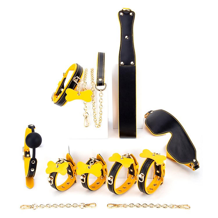 6PCS 노란색과 검은 색 BDSM 성인 코스프레 속박 세트 커플의 유혹과 SM 모험을위한 6 조각 컬렉션