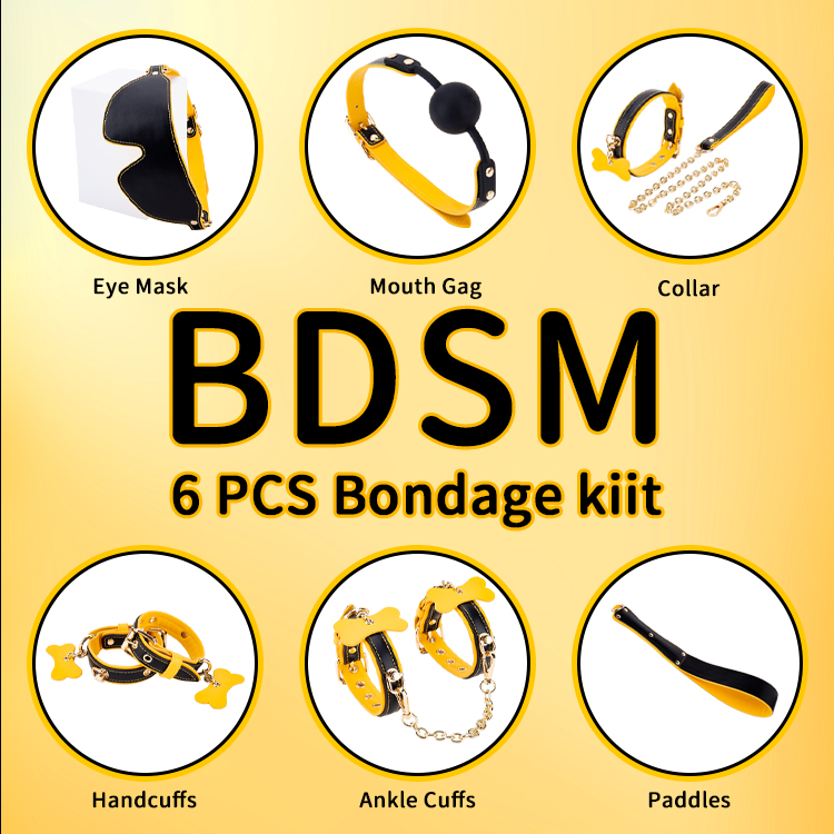 6-teiliges gelbes und schwarzes BDSM-Bondage-Set f&uuml;r Erwachsene, Cosplay, 6-teilige Kollektion f&uuml;r Flirt- und SM-Abenteuer von Paaren
