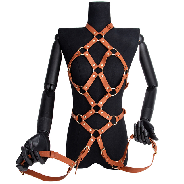 Braunes Bondage-Set f&uuml;r Fetisch-Rollenspiele, ma&szlig;geschneidert f&uuml;r Brust-Bondage und SM-Sklaven-Fantasie-Inszenierung